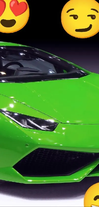 Green sports car with emojis, perfect for mobile wallpaper.