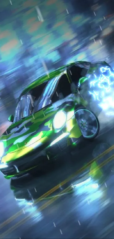 Green sports car drifting on a wet urban road at night.