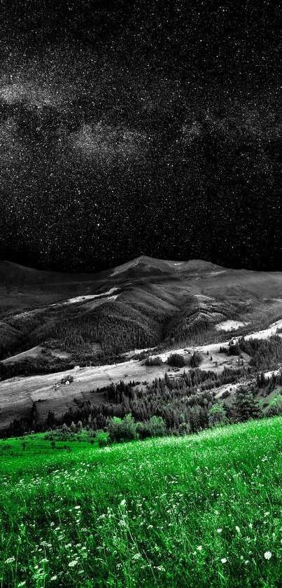 Vibrant green hills under a starry night sky, creating a stunning mobile wallpaper.