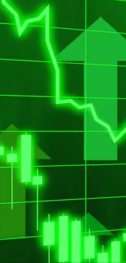 Green stock market chart with arrows and candlesticks.