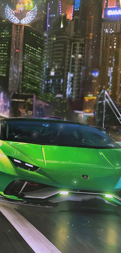 Green supercar speeding through a vibrant city nightscape.