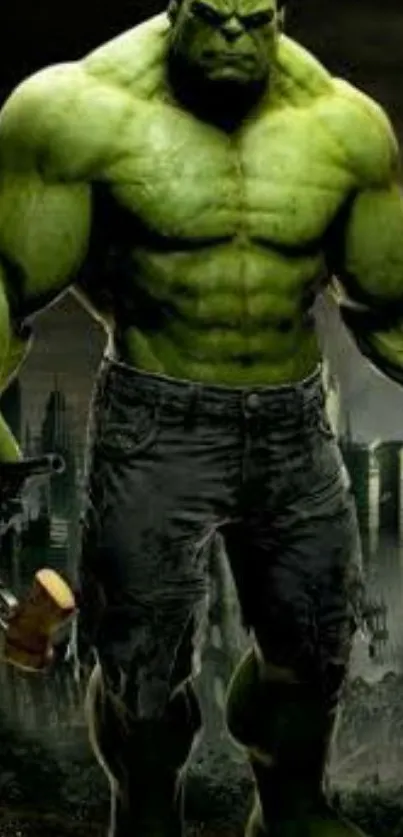 Green superhero standing in a cityscape at night, emanating strength and power.