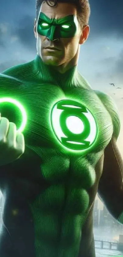 Green-clad superhero with glowing ring against a city backdrop.