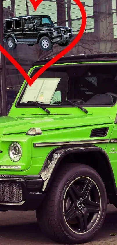 Green luxury SUV with heart decoration parked in urban setting.