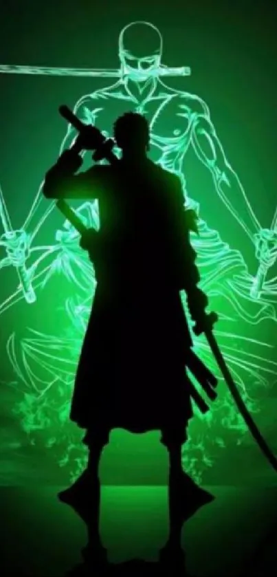 Silhouette of a sword fighter with a glowing green outline.