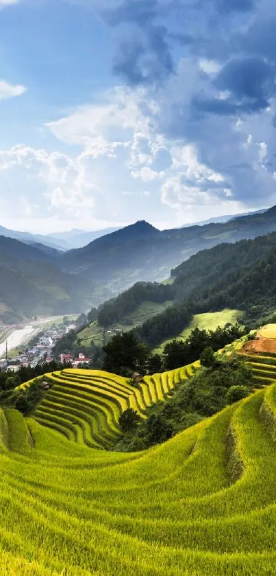 Terraced green hills under a blue sky.