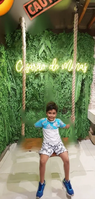 Child on swing with a lush green background.