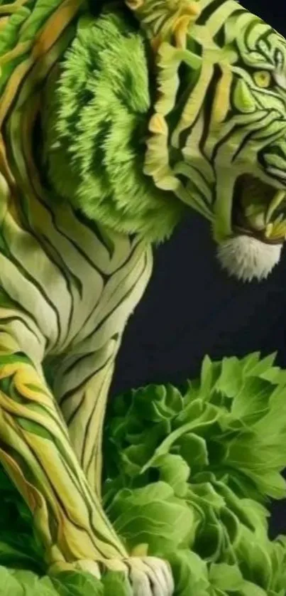 Artistic green tiger with leaf textures in vibrant colors.