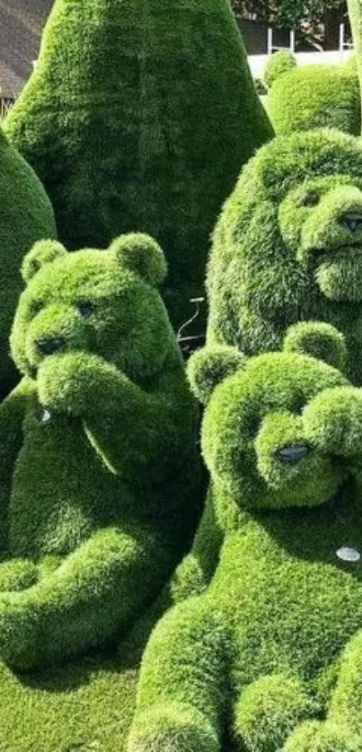 Green topiary animals shaped like bears and lions in a garden setting.