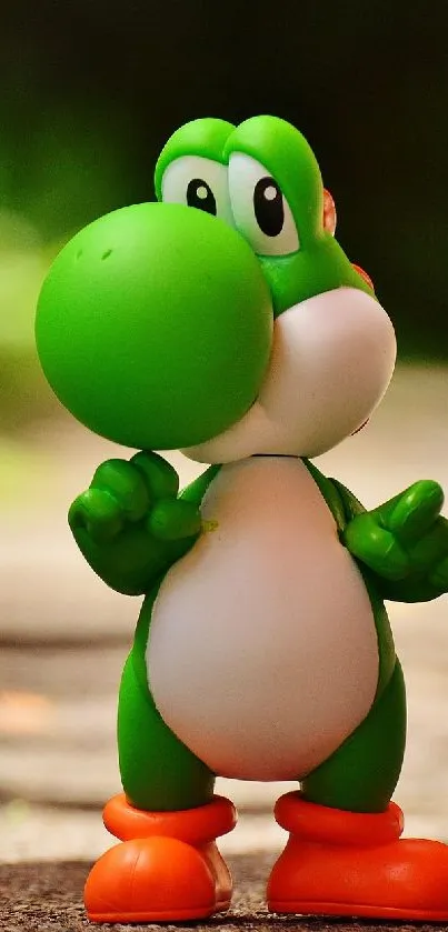 Vibrant green dinosaur toy in outdoor setting as mobile wallpaper.