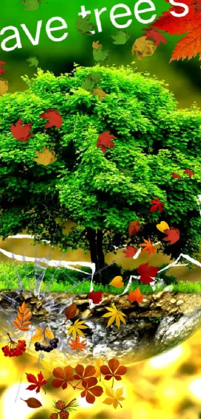 Green tree inside a glass globe with autumn leaves surrounding it.