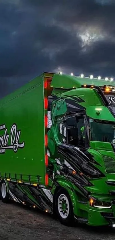 Green semi-truck under a dramatic dark sky.