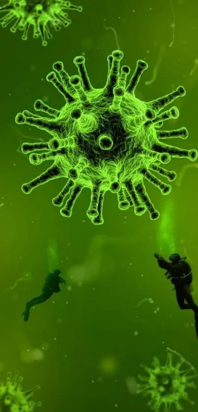 Neon green virus with divers in underwater setting.