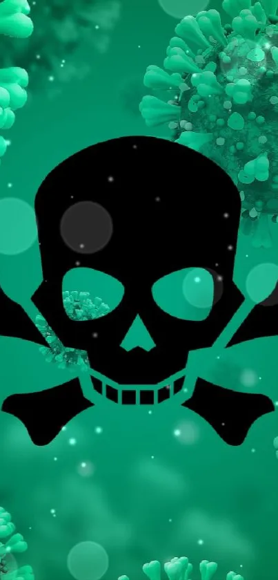 Green virus particles with a black skull symbol design.