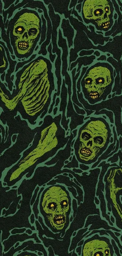 Green zombie patterned wallpaper with skeletal designs.