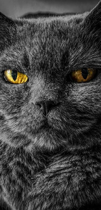 Grey cat lying on a couch with bright yellow eyes, in a monochrome setting.