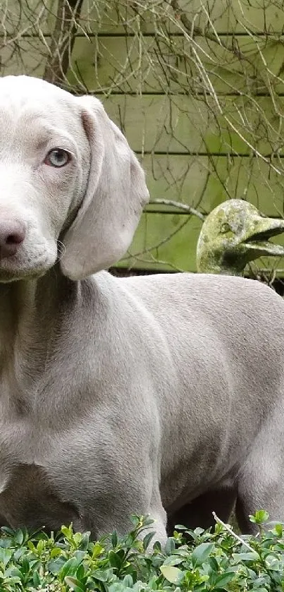 Grey dog in a lush green garden with wooden fence background.