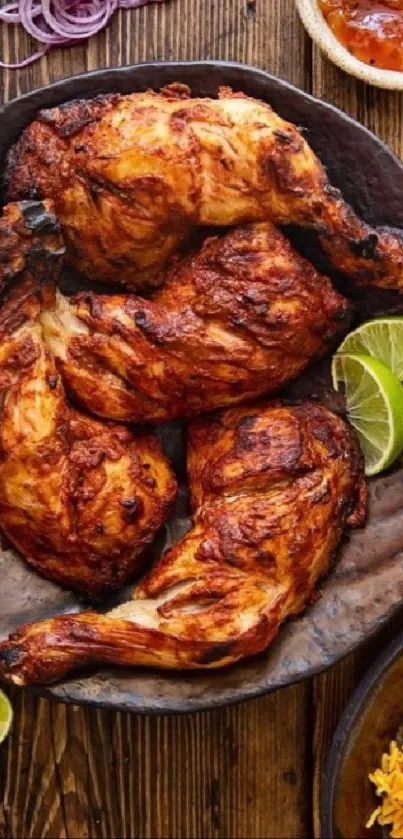 Grilled chicken with lime slices and rice, perfect for food lovers.