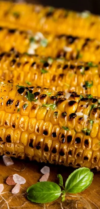 Closeup of grilled corn with herbs on a wooden board.