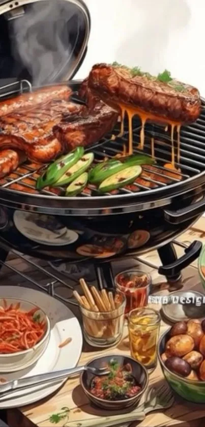 Juicy meats and vegetables on a BBQ grill.