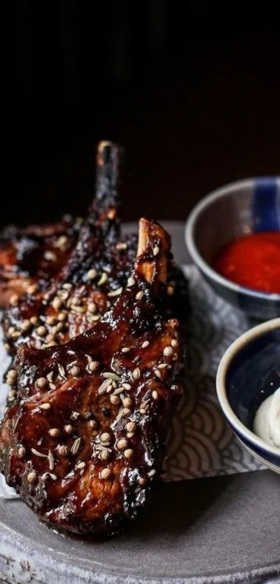 Grilled lamb chops with sesame seeds and sauces on a decorative plate.