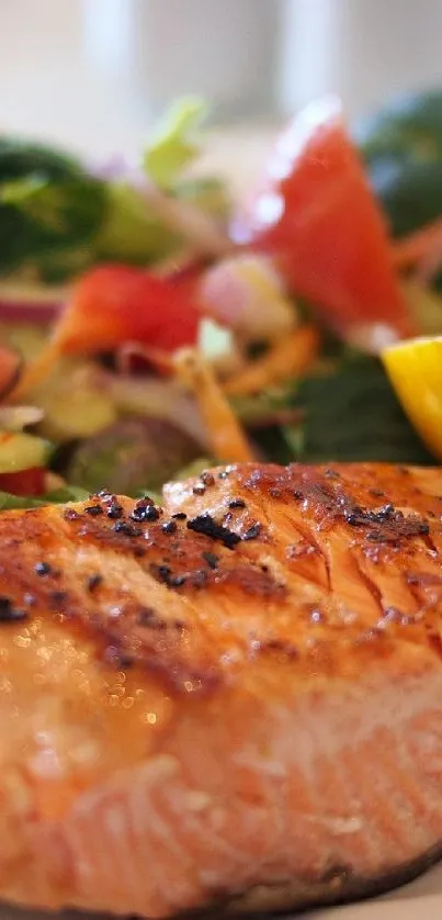 Grilled salmon with colorful salad on plate.