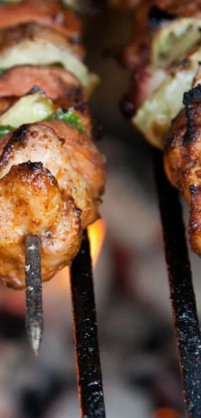 Grilled meat skewers over open flame, perfect for barbecue enthusiasts.