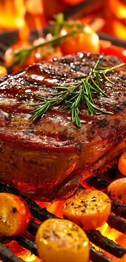 Grilled steak with rosemary and vegetables on a barbecue grill.
