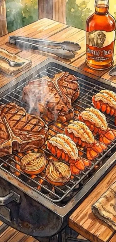 Illustrated grilling of steak and lobster tails in an outdoor setting.