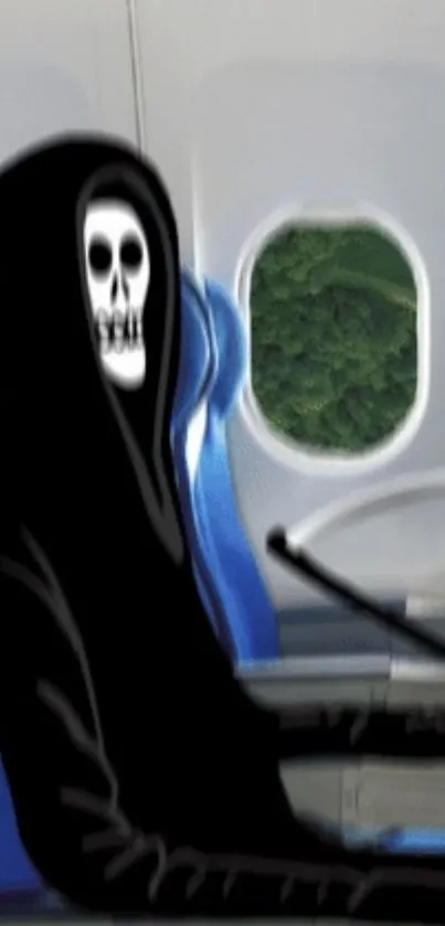 Hooded skull figure on an airplane seat with window view.