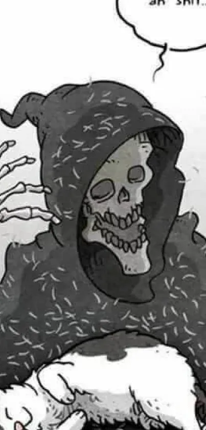 Cartoon Grim Reaper holding a cat, in black and white theme.