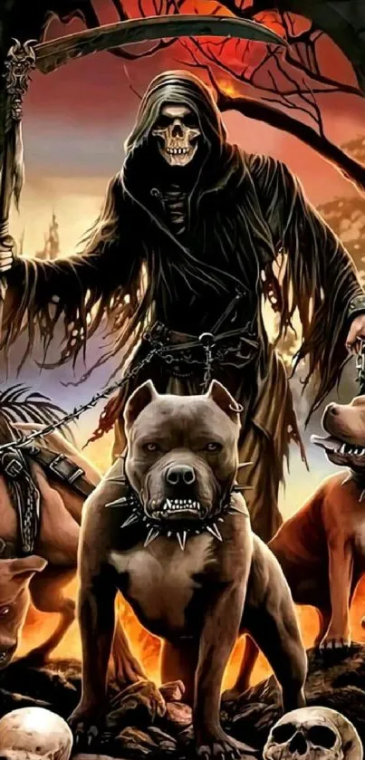 Grim Reaper with fierce dogs in a dark, fiery scene.