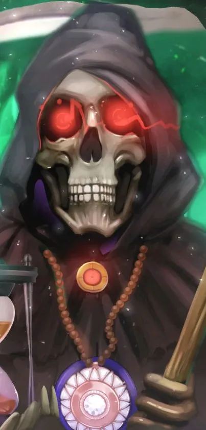 Grim Reaper with red eyes and hourglass in emerald green cloak.