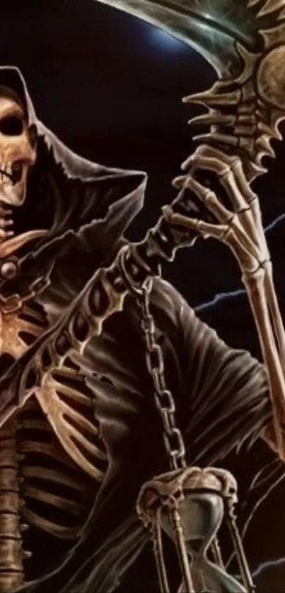 Grim Reaper with scythe and dark background.