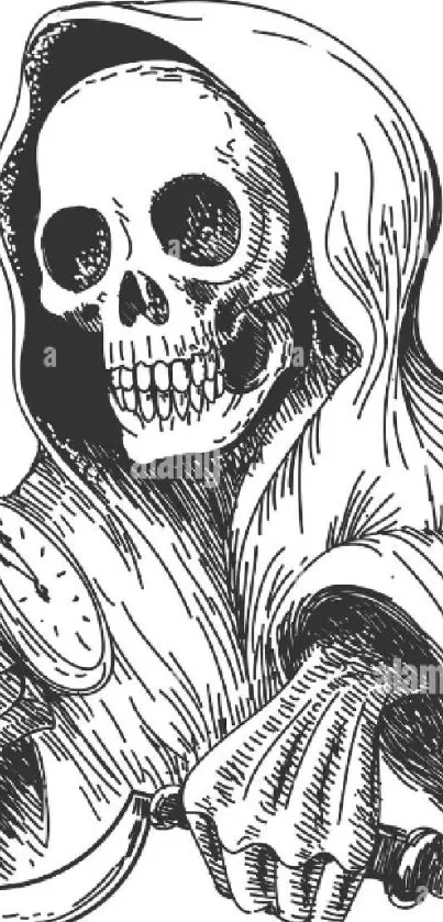 Intricate Grim Reaper artwork in black and white, perfect for a dark-themed wallpaper.