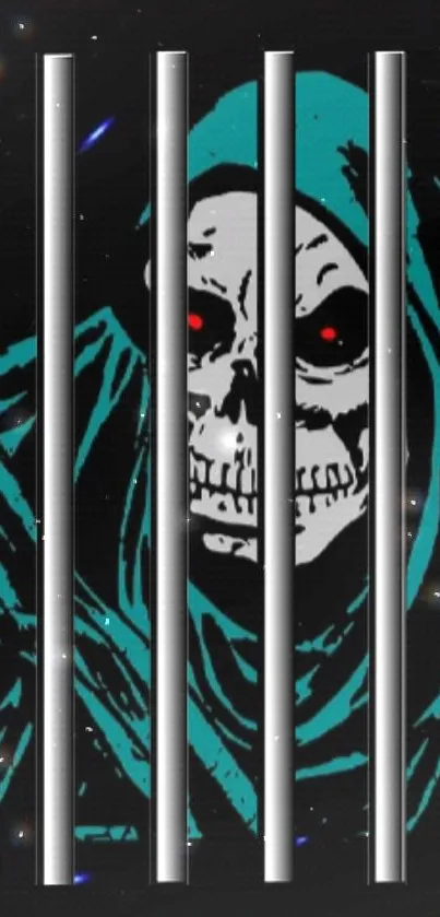 Hooded Grim Reaper behind bars on a dark background, accented with teal hues.