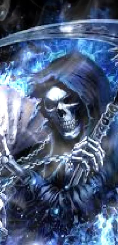 Skeletal Grim Reaper with scythe in blue flames, gothic phone wallpaper.