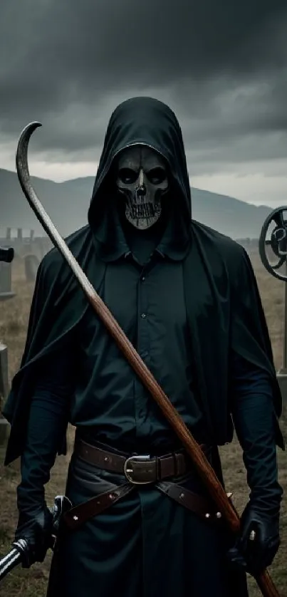 Hooded Grim Reaper holding a scythe in a dark cemetery setting.