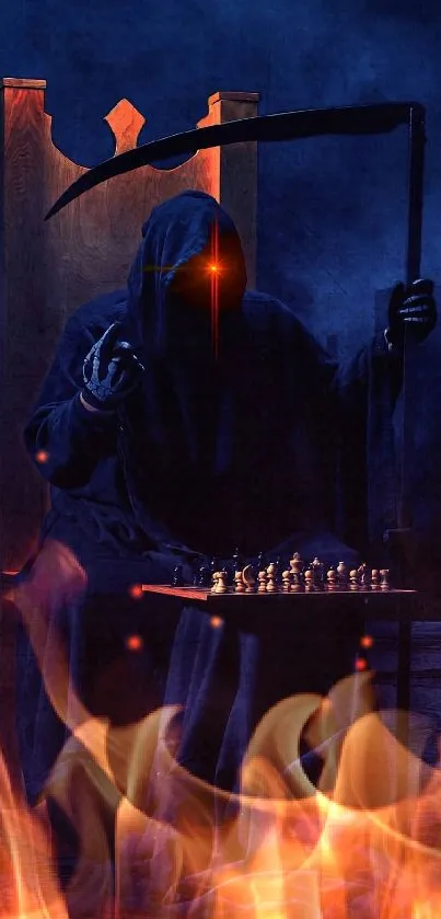 Grim Reaper playing chess in dark blue hues, holding a scythe on a throne.