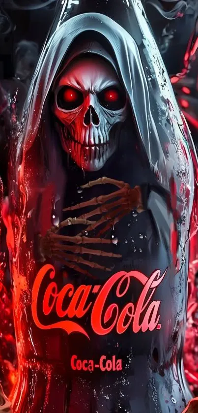 Grim Reaper in a Coca-Cola bottle with red eyes and fiery background.