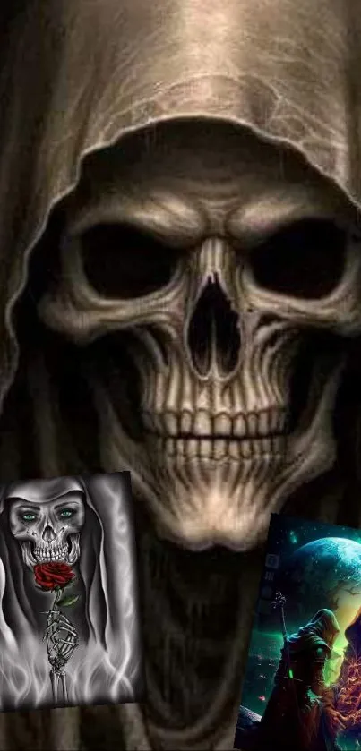 Grim Reaper in cloak with skull face art.