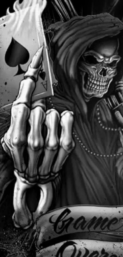 Grim reaper with ace of spades in black and white design.