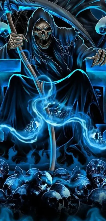 Grim Reaper on throne with blue skulls and flames.