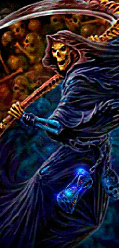 Grim Reaper with scythe in vibrant dark art mobile wallpaper.