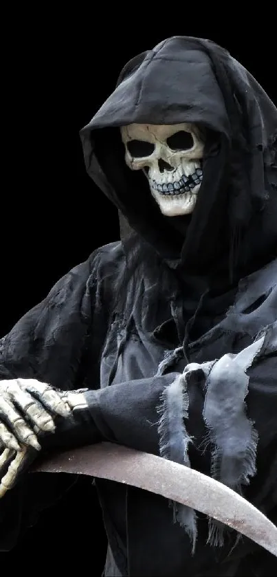 Grim Reaper with scythe on dark background.