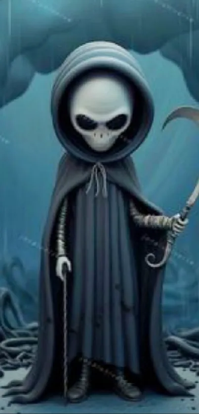 Cartoon Grim Reaper in dark, stormy backdrop.