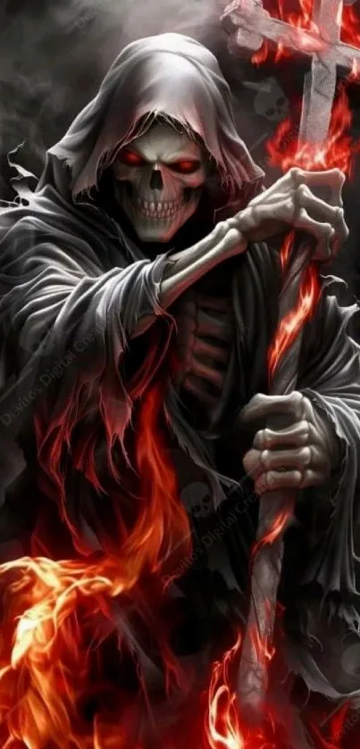 Grim Reaper with fiery elements and dark backdrop.