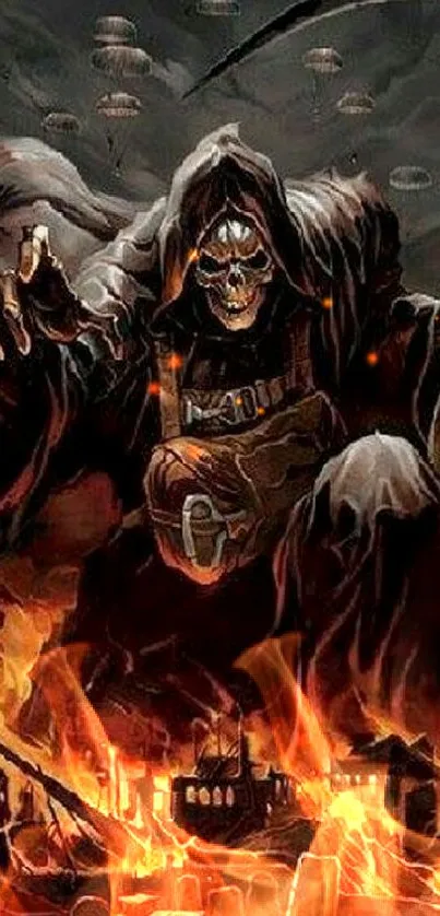 Grim Reaper with scythe amidst fiery destruction in dark fantasy art.