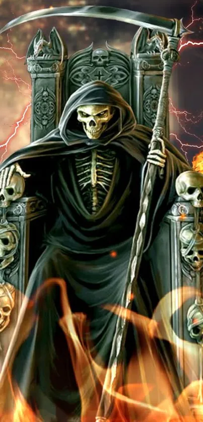 Grim Reaper sits on throne surrounded by flames and skulls.