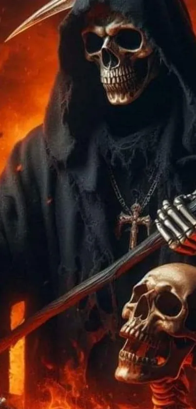 Grim Reaper with fiery background and skulls.